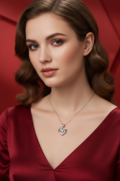 Silver heart pendant necklace with round stones on a fine chain, close-up