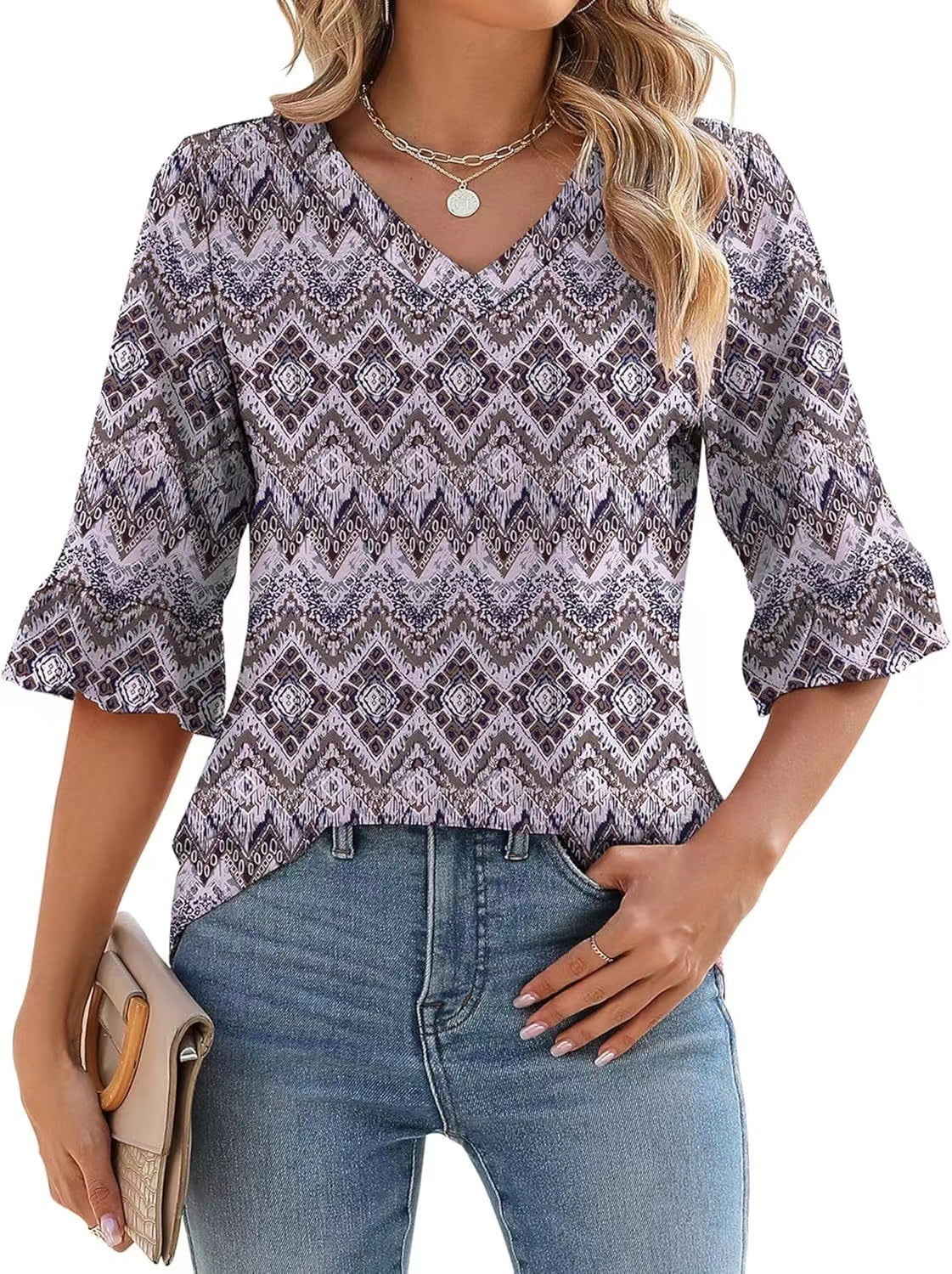 Women’s printed ruffle-sleeve top with V-neck, purple and gray diamond pattern
