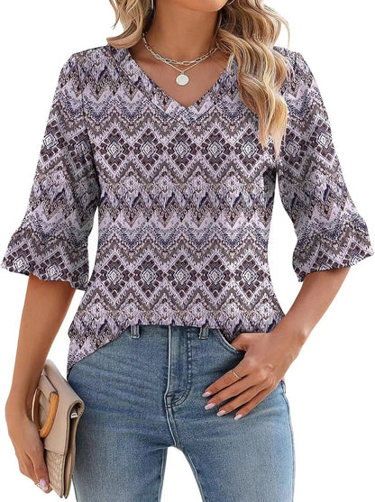 Women’s printed ruffle-sleeve top with V-neck, purple and gray diamond pattern