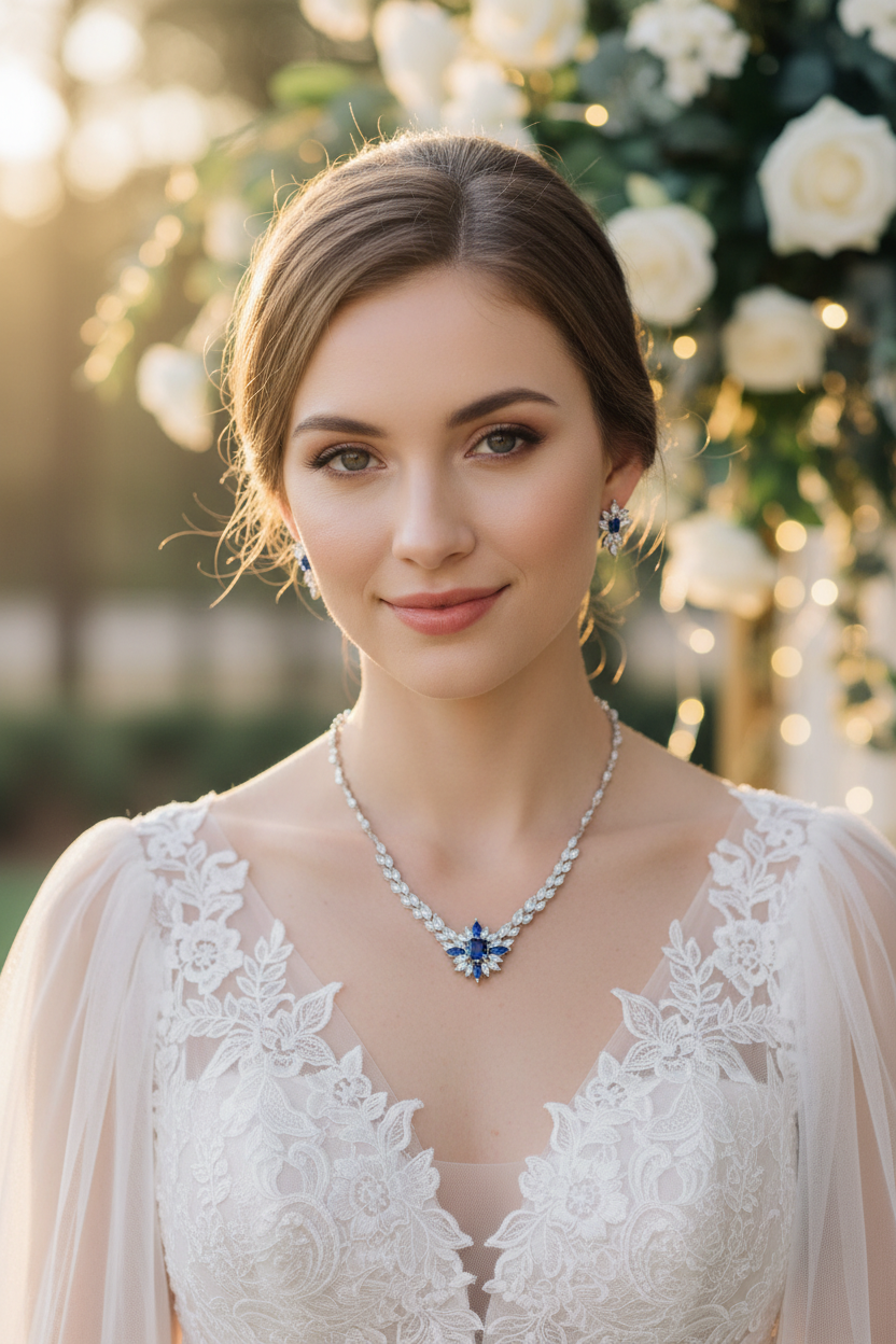 White bridal gown with floral necklace, blue centerpiece, and off-shoulder lace