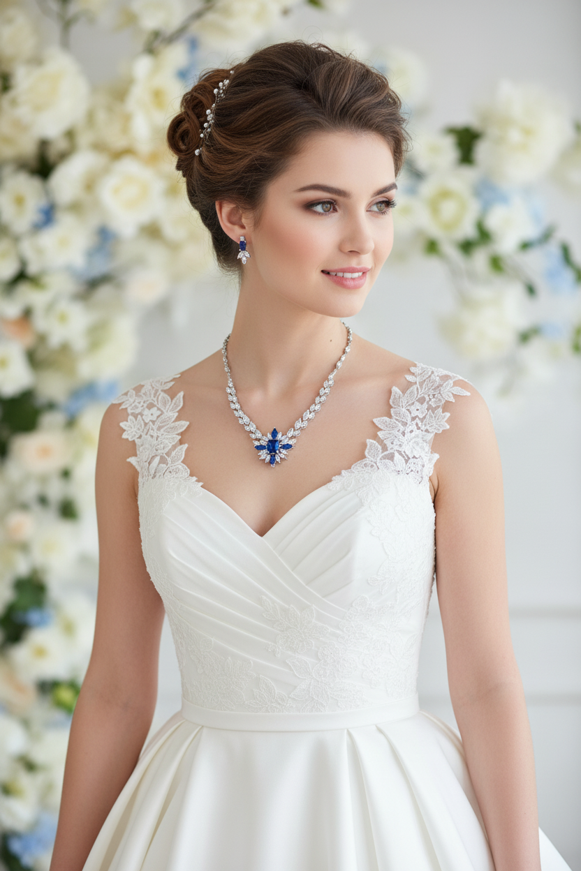 White satin-and-lace wedding dress with floral necklace and blue drop earrings