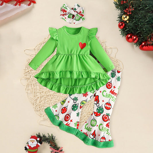 Toddler Baby Girls Christmas Clothes Ruffle Long Sleeve Heart Print Tops Dress Ball Print Flared Pants With Headband Outfits Set