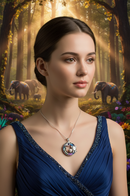 925 silver elephant pendant necklace with blue crystal accents on a thin chain