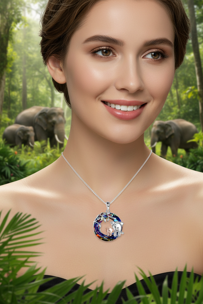 925 silver elephant pendant necklace with blue crystal center, round frame pendant
