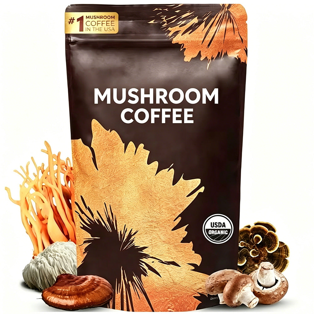 Mushroom coffee instant pouch with leaf graphics and USDA Organic seal