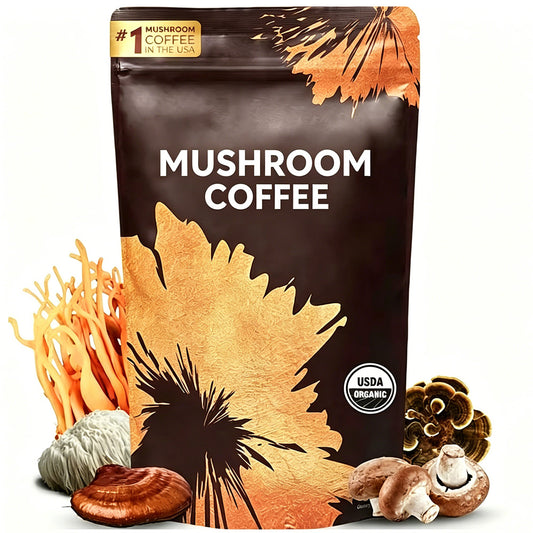 Mushroom coffee instant pouch with leaf graphics and USDA Organic seal