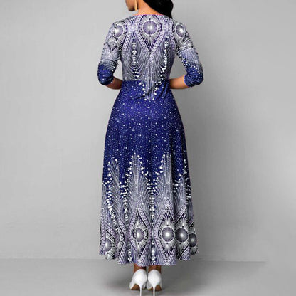Women's Plus Size Elegant V-Neck Long Sleeve A-Line With Starry Sky Print, Slim-Fit Flowy Maxi Dress