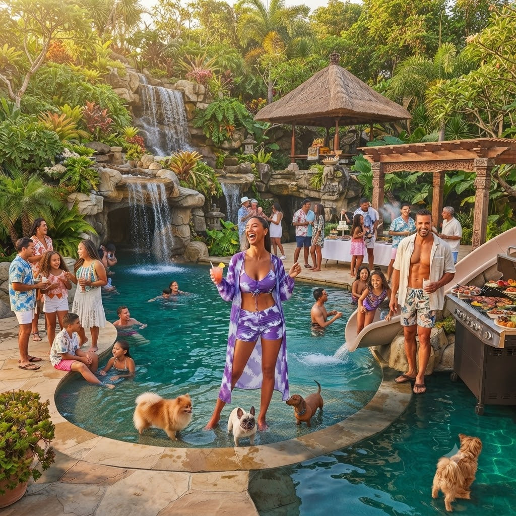 Purple patterned V-neck bikini top and matching bottoms on woman standing poolside