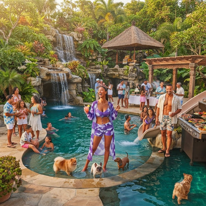 Purple patterned V-neck bikini top and matching bottoms on woman standing poolside