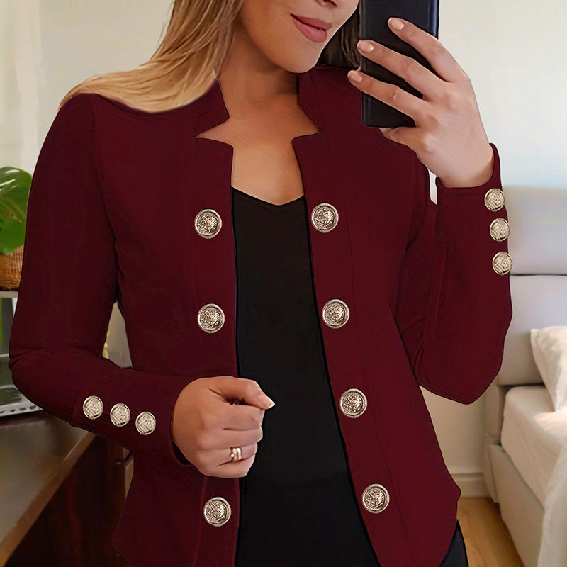 Women's Solid Color Double Breasted Long Sleeve Top - Button Cuff Casual & Office Wear