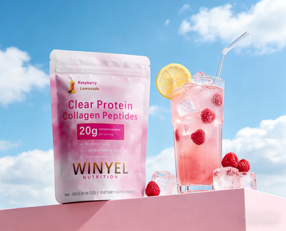 WINYEL clear protein collagen peptides pouch with raspberry-lemonade drink, 250 g