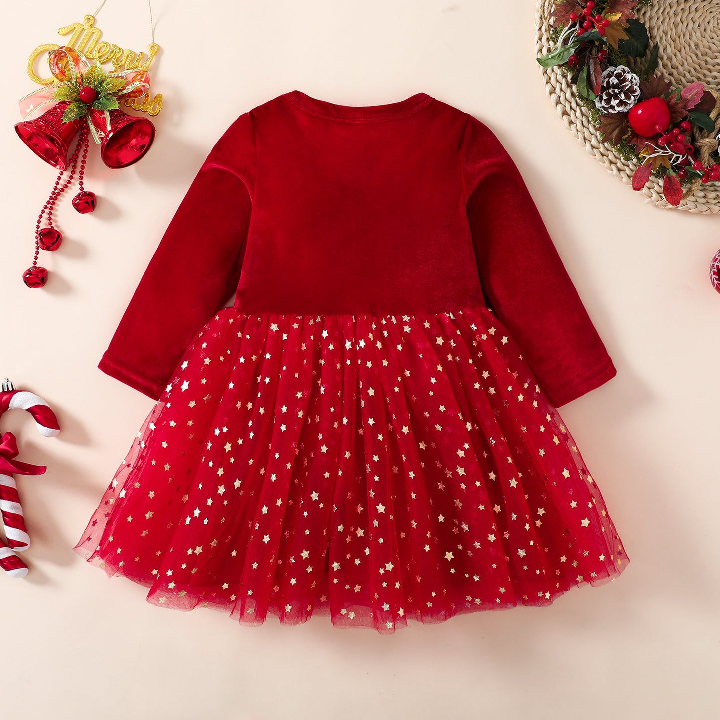 Christmas Children's Autumn Red Silver Fox Velvet Long Sleeve Mesh Princess Dress