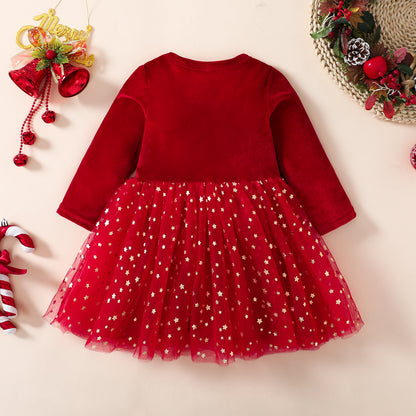 Christmas Children's Autumn Red Silver Fox Velvet Long Sleeve Mesh Princess Dress