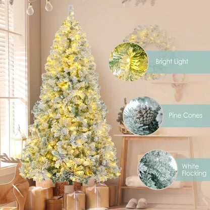 6FT Snow Flocked Christmas Pre Lit Set With Tree Garland Wreath, Artificial Hinged With Colorful LED Lights8 Lighting Modes, Pine Cones