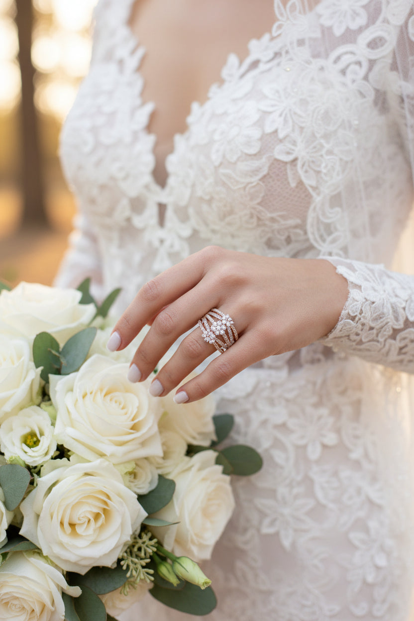 Silver diamond ring set with stacked bands on hand