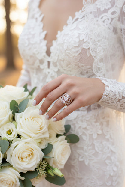 Silver diamond ring set with stacked bands on hand