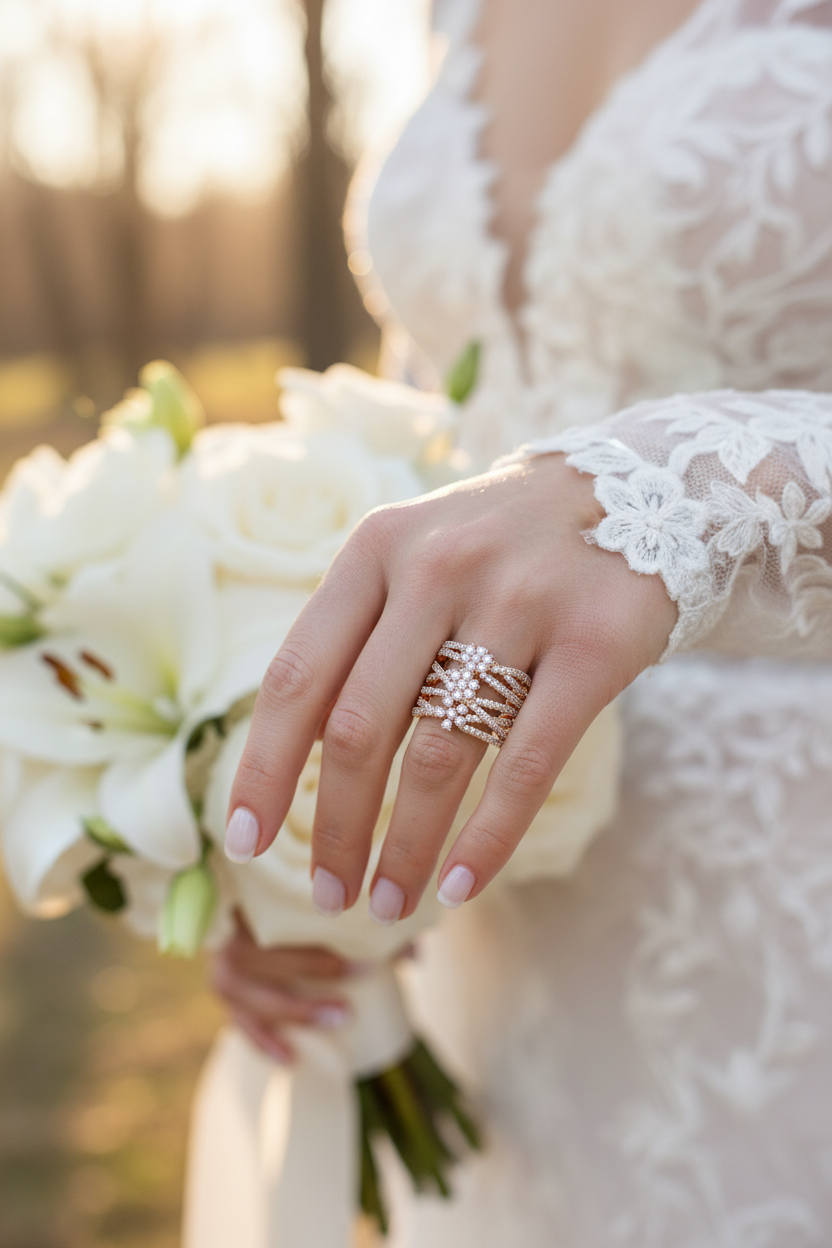 Silver diamond ring set, stacked bands with round stones on hand