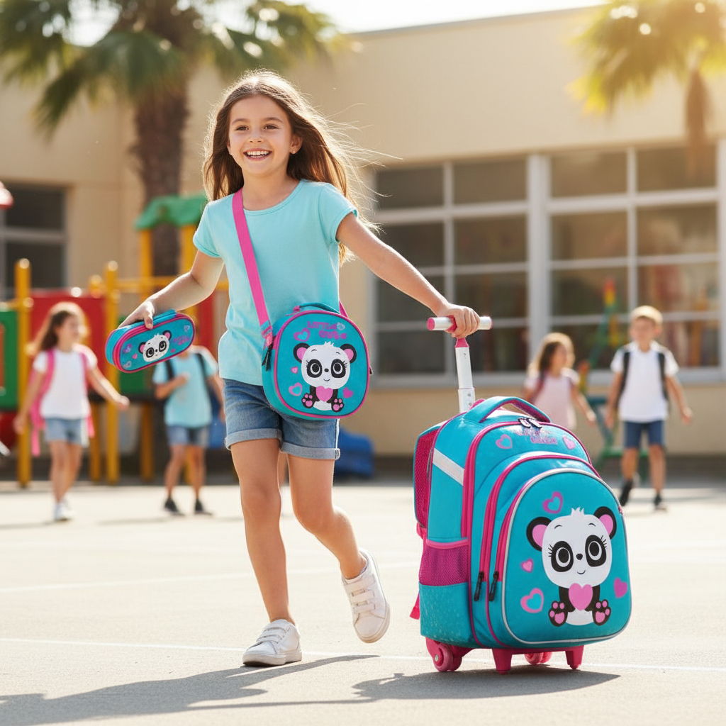 Teal panda children's trolley backpack set (3-piece) with pink heart details