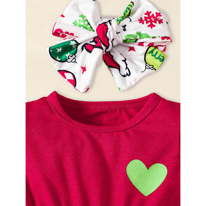 Toddler Baby Girls Christmas Clothes Ruffle Long Sleeve Heart Print Tops Dress Ball Print Flared Pants With Headband Outfits Set