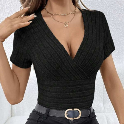 Women's V-neck Cross Wrapped Chest Design Ribbed Solid Color Versatile Sexy Style Knitted Sweater