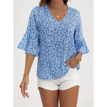 Womens Summer Floral Print Blouses V-Neck Flare Sleeve Tops Dressy Casual T-Shirts