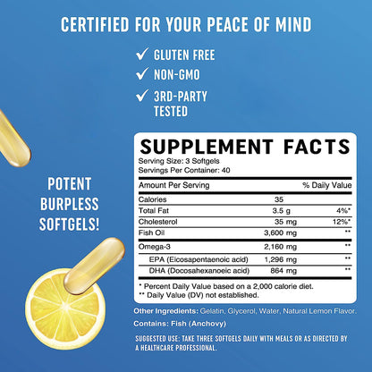 Omega-3 supplement facts label with gluten-free, non-GMO, and 3rd-party tested icons