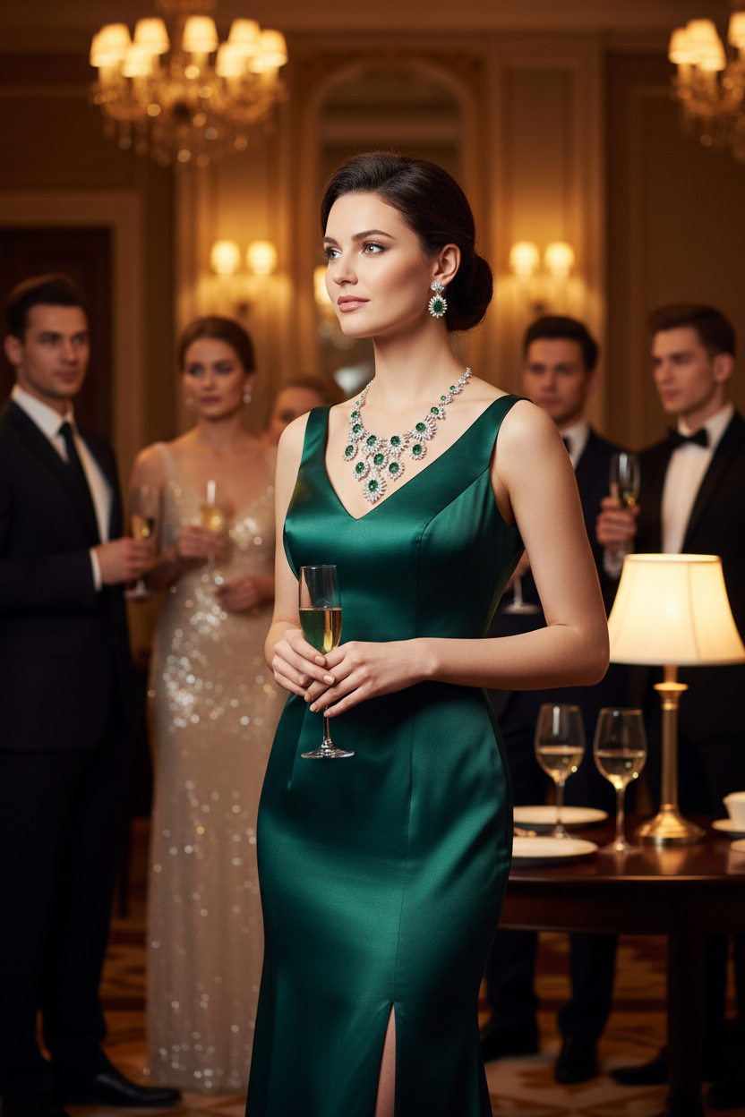 Zircon rhinestone necklace and dangling earrings with green, blue, and silver stones