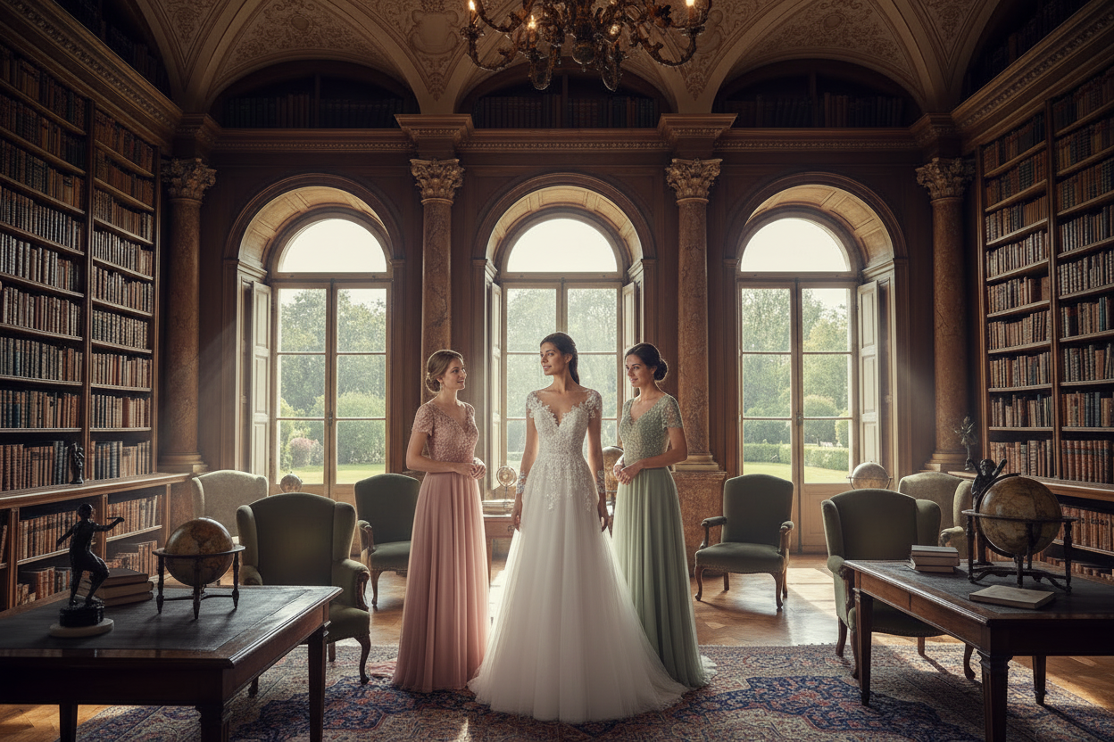 White lace wedding dress with high neckline and long sleeves, fitted bodice, A-line skirt