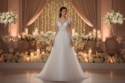 White lace wedding dress, high U-neck, long sleeves, A-line skirt, bridal train