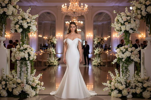 Ivory satin V-neck mermaid wedding dress with off-shoulder neckline, fitted bodice