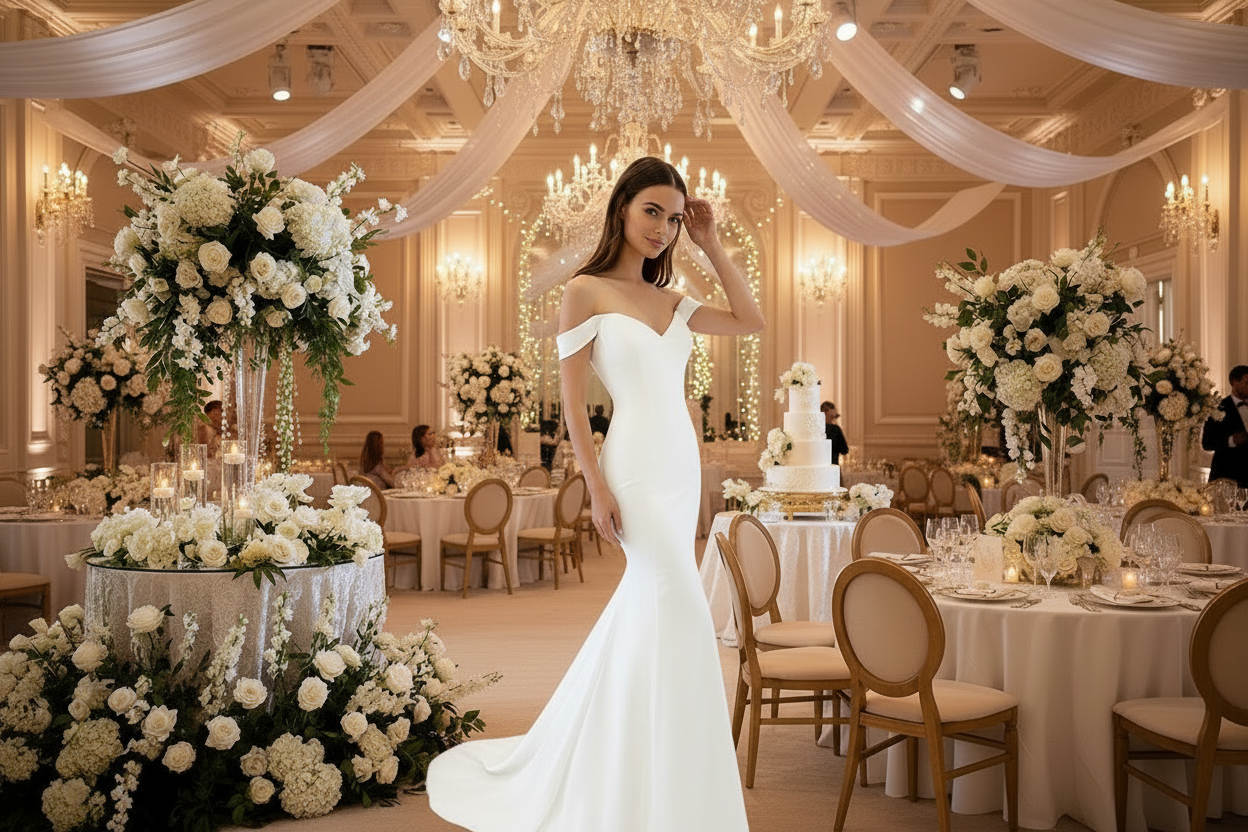 Ivory satin wedding dress with V-neck bodice and mermaid fishtail skirt