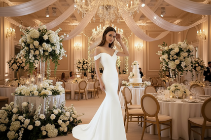 Ivory satin wedding dress with V-neck bodice and mermaid fishtail skirt