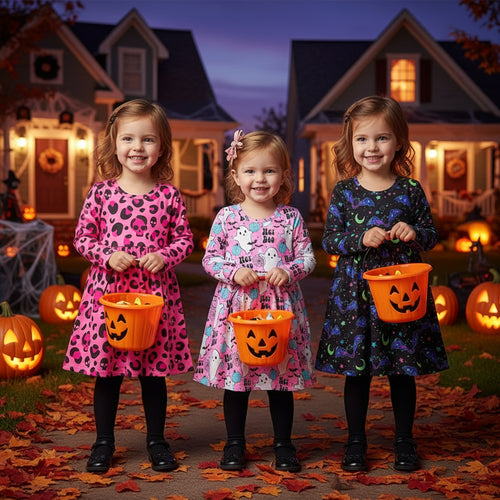 3pcs Toddler Girl's Halloween Skull Ghost Bats Print Stretch Long Sleeve A-line Dresses
