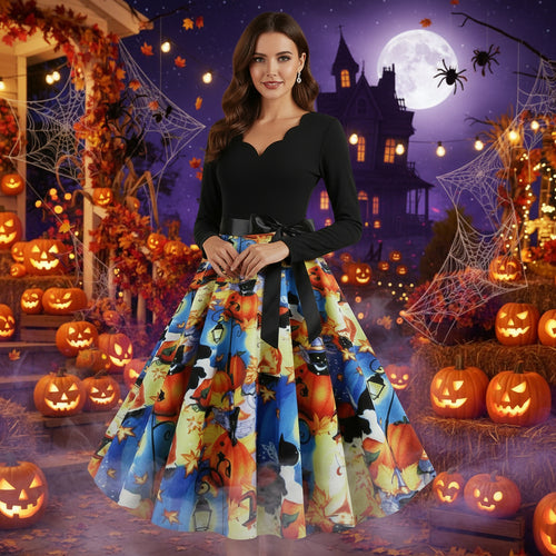 Halloween Burnt Flower V-neck Long-sleeved Sexy Print Big Swing Dress