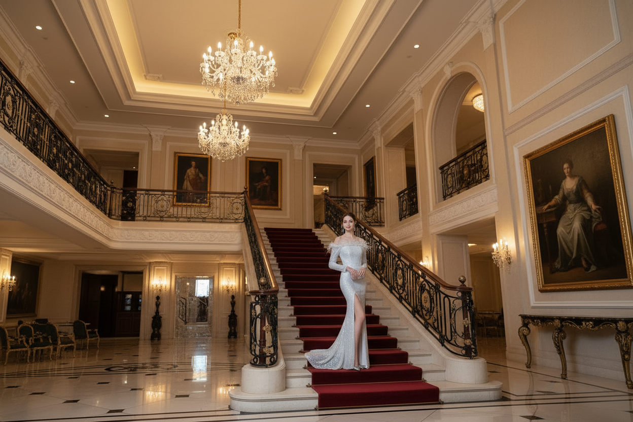 White high-slit evening dress with short sleeves and glittery fishtail silhouette