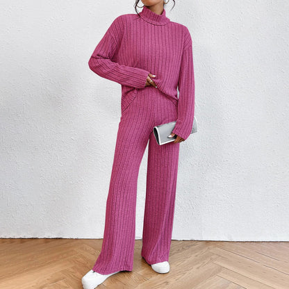 Women's Solid Color 2-Piece Set High Neck Long Sleeve Top & Pants, Striped Loungewear