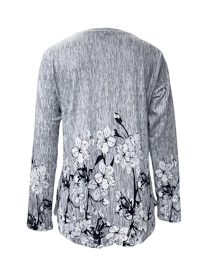 Casual Print Spike Button Crew Neck Long Sleeve T-shirt