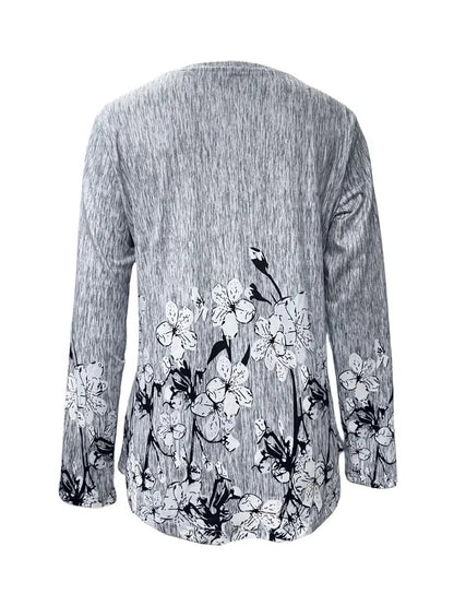 Casual Print Spike Button Crew Neck Long Sleeve T-shirt