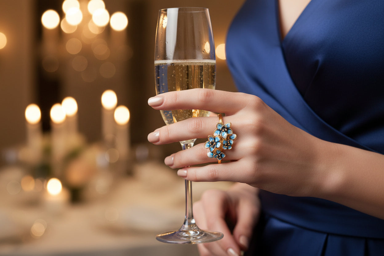 Gold-tone ring with blue teardrop gem cluster and small clear stones.