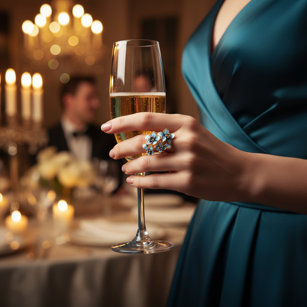 Gold-tone ring with blue teardrop gem floral cluster on fingers.