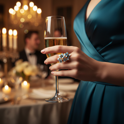 Gold-tone ring with blue teardrop gem floral cluster on fingers.