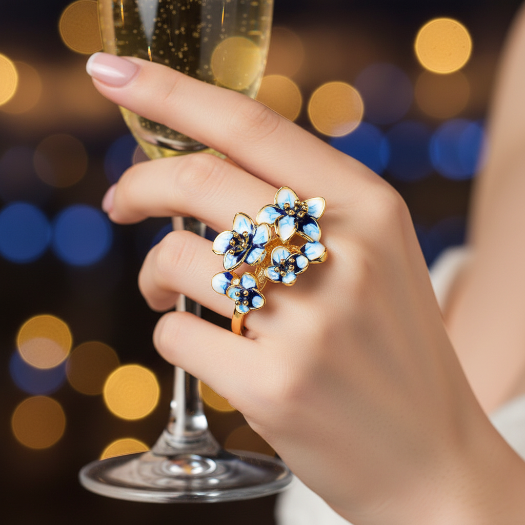 Gold-tone ring with blue teardrop gem clusters arranged in a floral design.