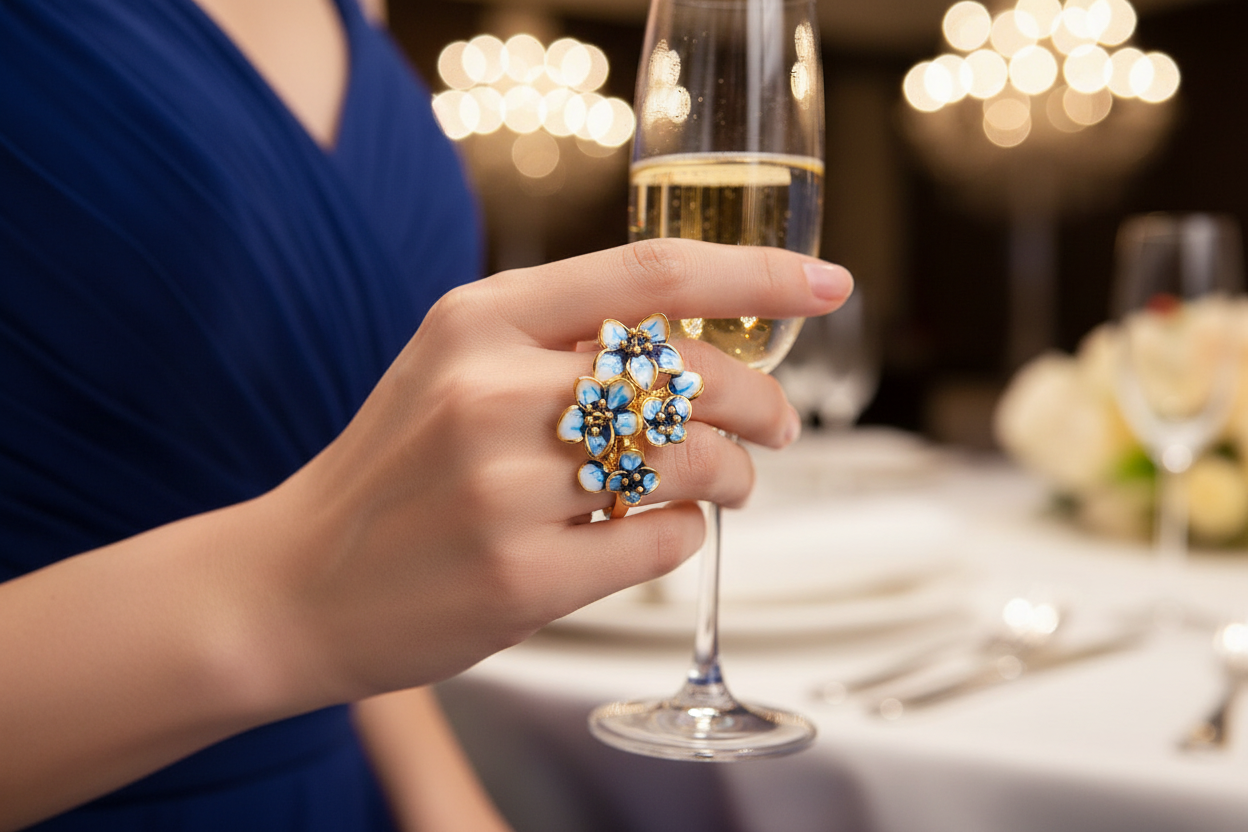 Gold-tone ring with blue teardrop gem flower design.