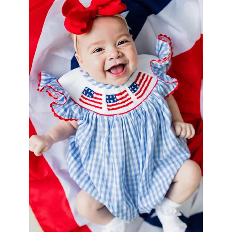 Baby Girls Independence Day Outfit 4th Of July American Flag Embroidery Smocked Bubble Romper With Headband