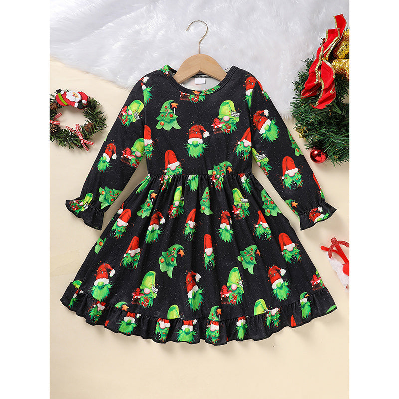 Toddler Kids Baby Girl Christmas Outfits, Long Sleeves Cartoon Prints Party Dress With Heart Print Vest Coat Set