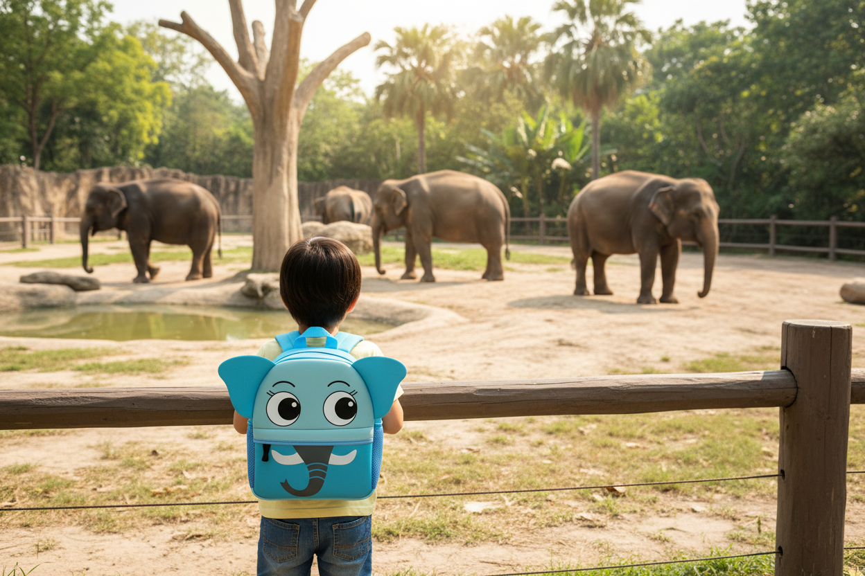 Cartoon shark kids backpack with smiling face, light blue body, fin-like ears, back straps