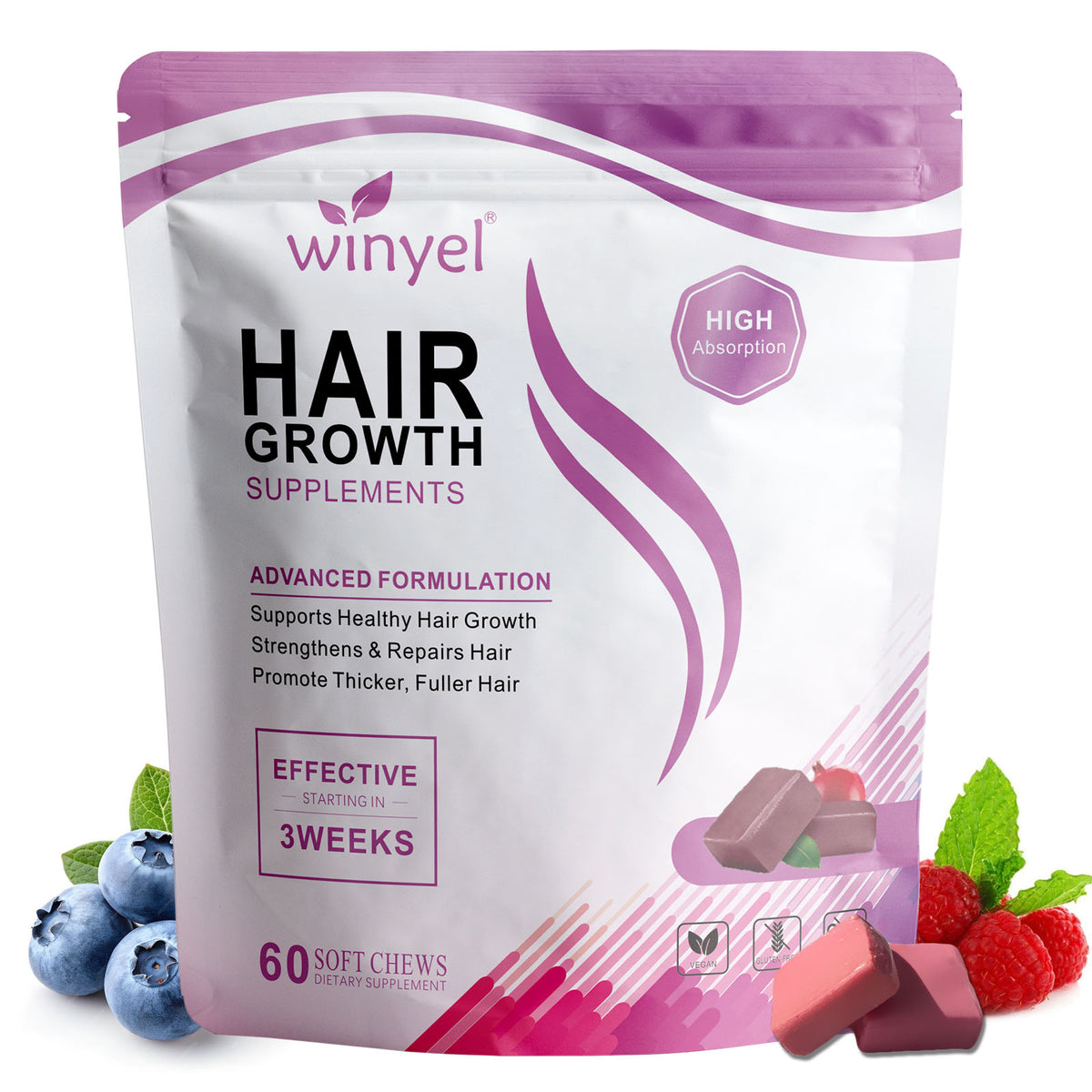 Hair growth supplements pouch with 60 soft chews label and berry fruit and candy pieces