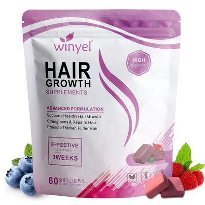 Hair growth supplements pouch with 60 soft chews label and berry fruit and candy pieces