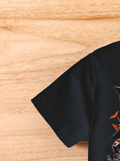 Men's Casual Polyester Round Neck T-shirt With 3D Shark And Halloween Pumpkin Fitted Knit Fabric, Slightly Elastic