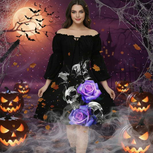 Halloween Print Drawstring Dress With Puffy Sleeves